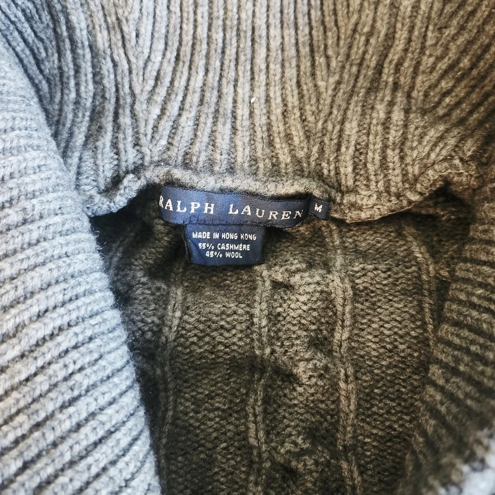 Ralph Lauren Gray Sweater Cardigan Cashmere Wool Button Up Collegiate Chunky Med - Picture 2 of 8